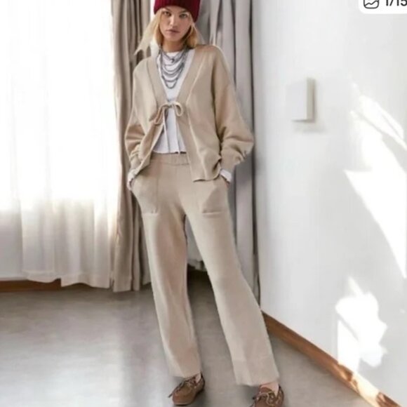 Free People Beach Solar Beige Tan tie front cardigan sweater Pants set New - Picture 1 of 9